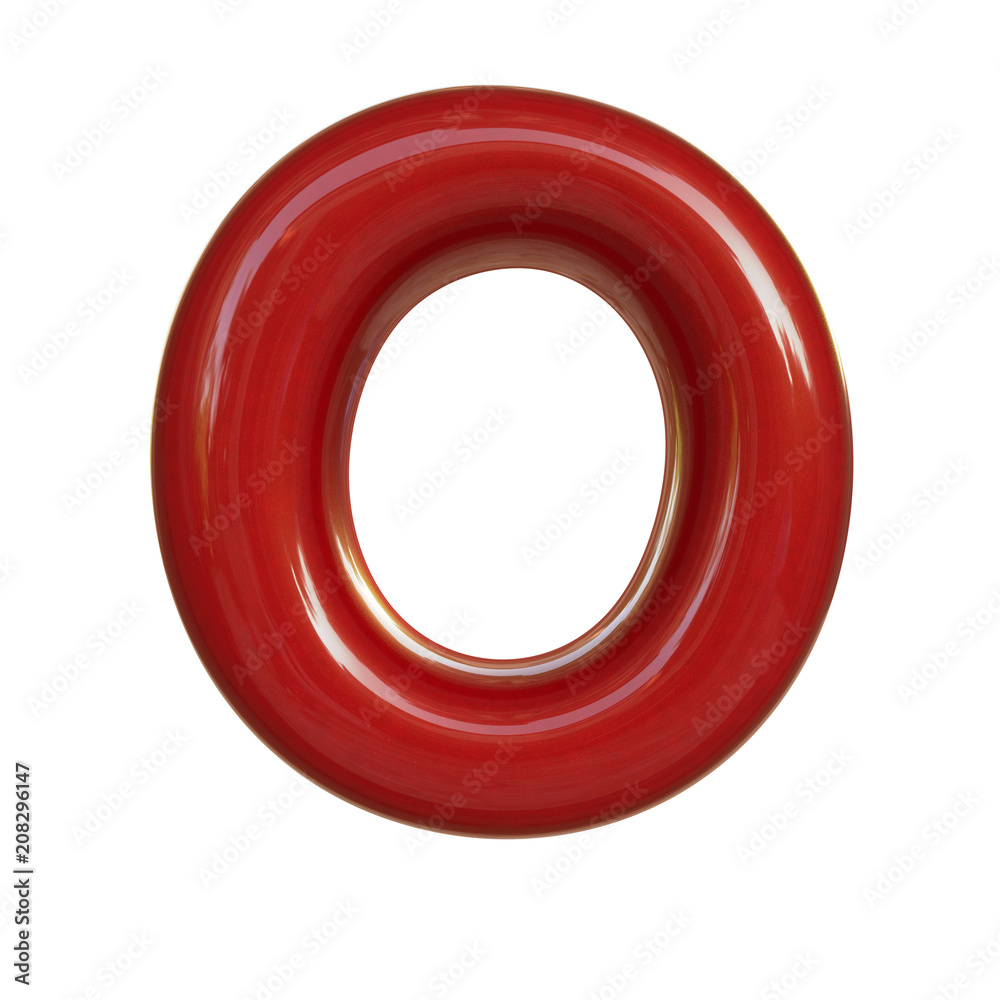 Glossy red paint letter O. 3D render of bubble font isolated on white background Glossy red paint letter O. 3D render of bubble font isolated on white background