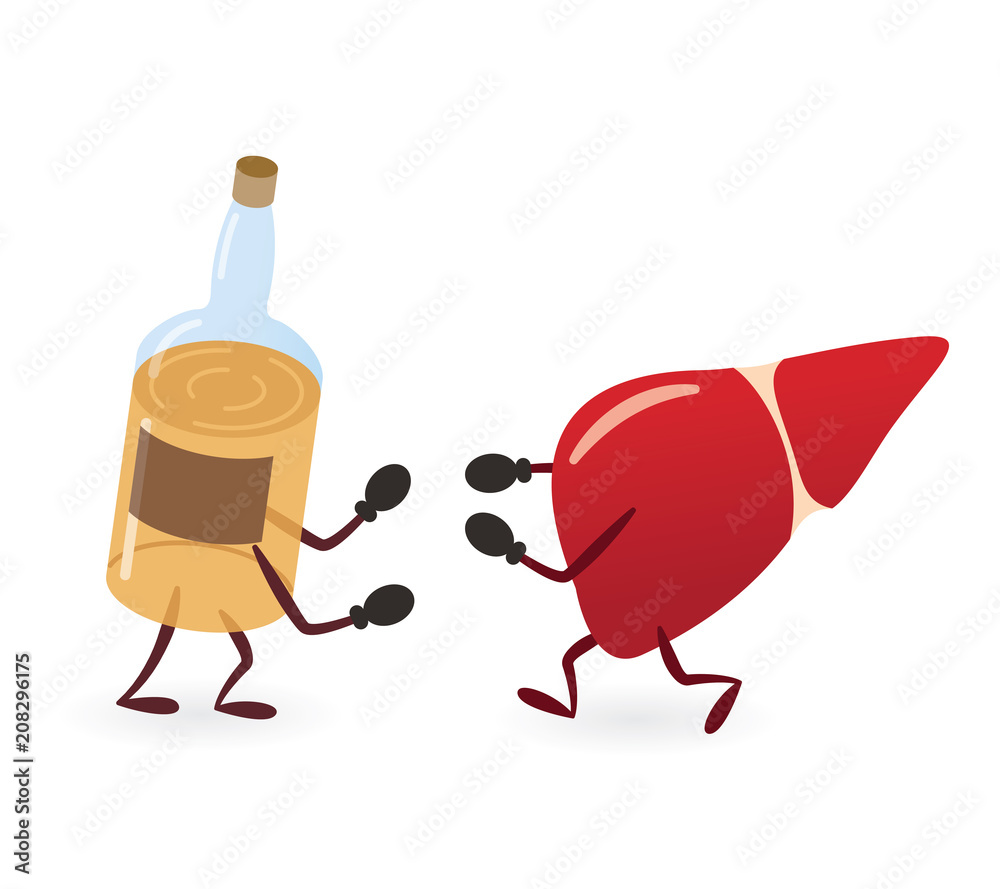 Liver and Alcoholic Drink Bottle Fighting Liver and Alcoholic Drink Bottle Fighting