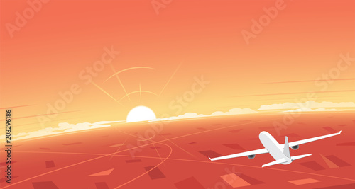 Plane Flying and Sunset and Banner Background