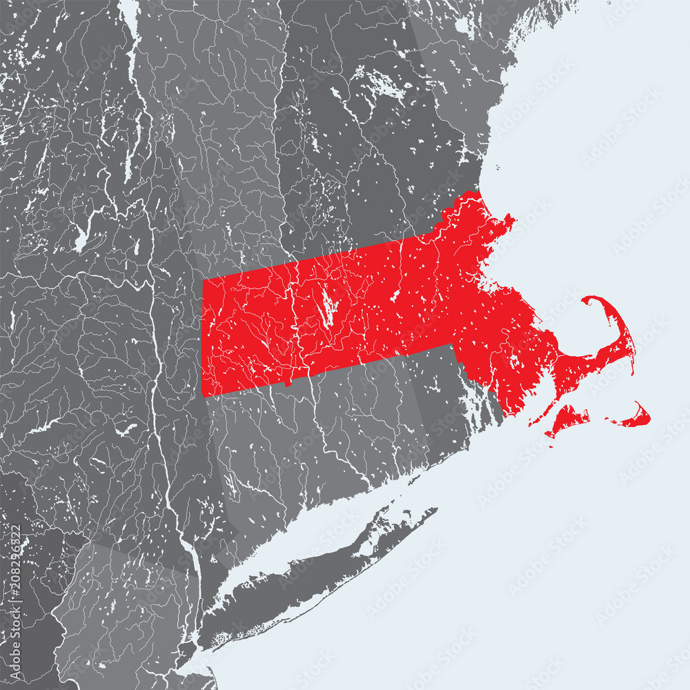 Vetor de U.S. states - map of Massachusetts. Rivers and lakes are shown ...