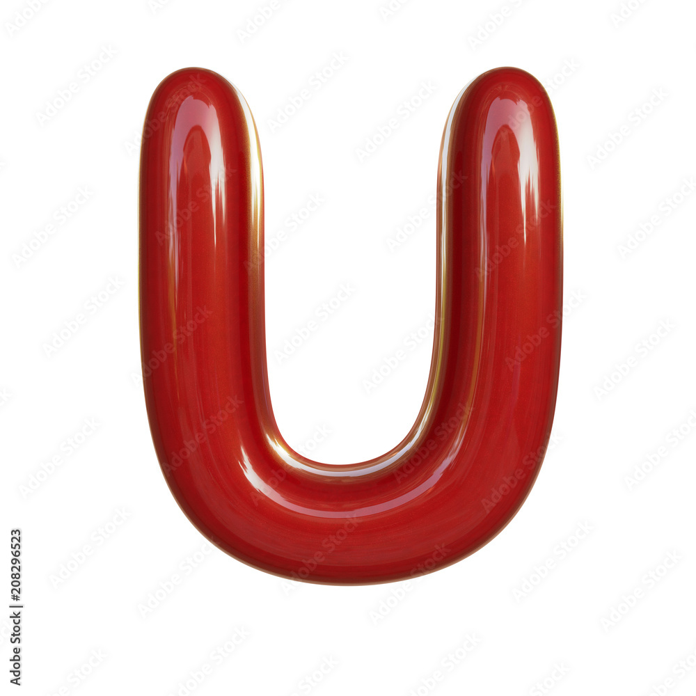 Glossy red paint letter U. 3D render of bubble font isolated on white background Glossy red paint letter U. 3D render of bubble font isolated on white background