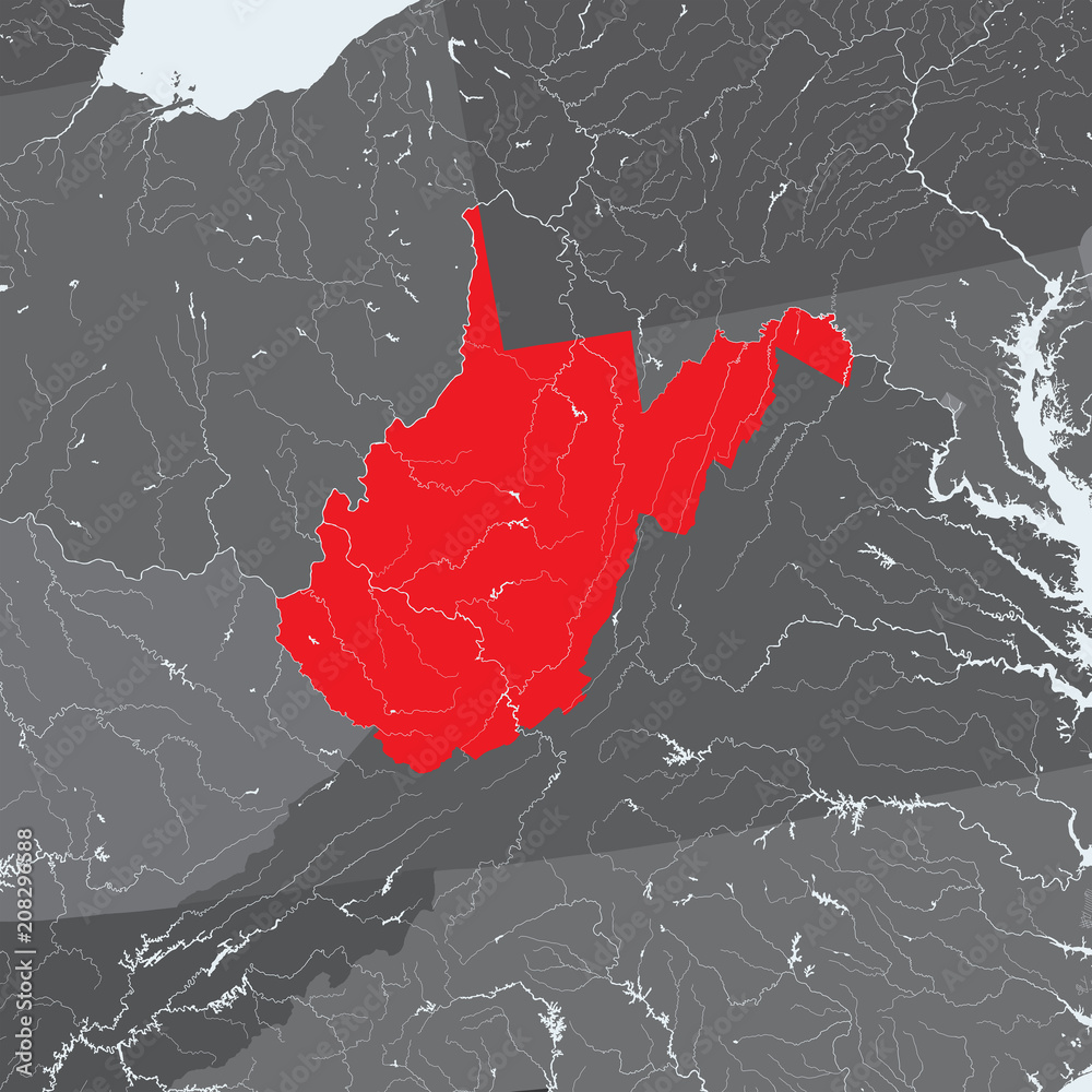 U.S. states map of West Virginia. Rivers and lakes are shown. Please look at my other images