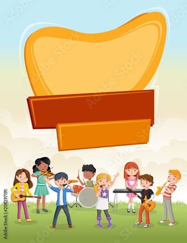 Text box frame background with cartoon children playing on a rock'n'roll band