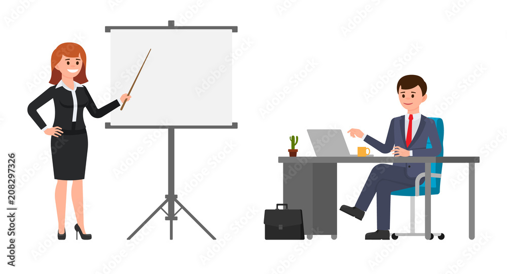 Young woman in black suit making presentation in front of man in dark blue suit. Vector illustration of cartoon character business meeting Young woman in black suit making presentation in front of man in dark blue suit. Vector illustration of cartoon character business meeting