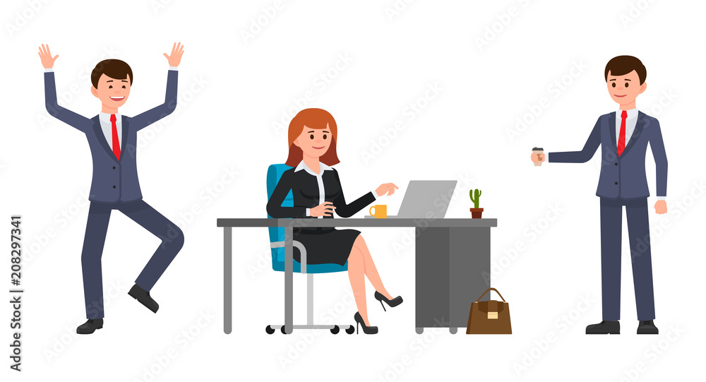 Young woman sitting at the desk, using laptop. Young man holding coffee, happily laughing. Vector illustration of cartoon character casual working day Young woman sitting at the desk, using laptop. Young man holding coffee, happily laughing. Vector illustration of cartoon character casual working day
