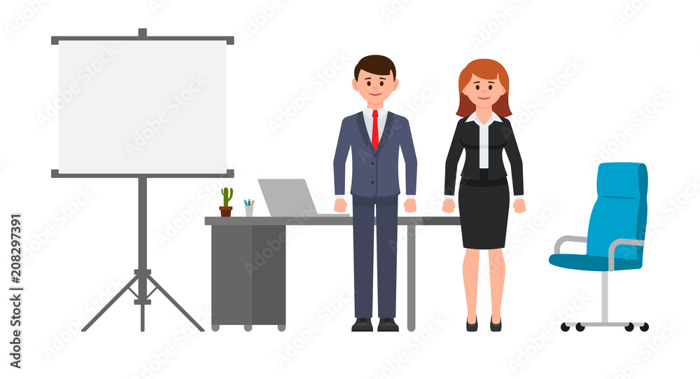 Obraz premium Smart business man and woman standing near office desk, flip chart and chair. Vector illustration of cartoon character working people