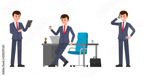 Young man in dark blue business suit sitting on office desk, drinking coffee, talking on smartphone, using tablet. Vector illustration of cartoon character working day