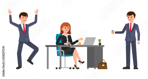 Young woman sitting at the desk, using laptop. Young man holding coffee, happily laughing. Vector illustration of cartoon character casual working day