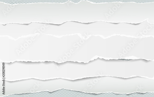 White oblong paper strips placed one over another with torn edge in horizontal position, paper for note are on squared background. Vector illustration