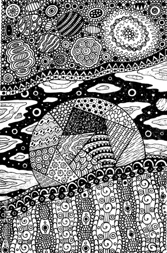 Doodle coloring page for adults with planet and cosmic landscape. Ornament artwork. Vector illustration