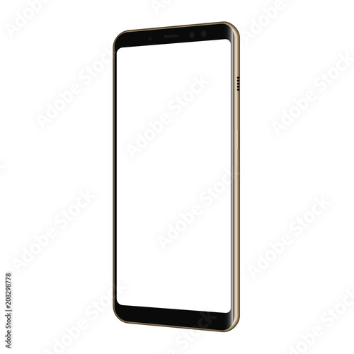 Frameless smartphone mockup - half side view. Cellphone with blank screen isolated on white background. Vector illustration