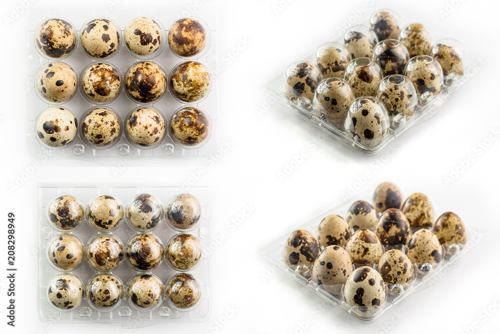 Quail eggs isolated on white background. Collage of set photos. Quail eggs isolated on white background. Collage of set photos.