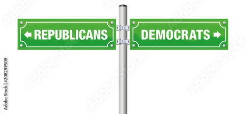 REPUBLICANS or DEMOCRATS, written on street signs to choose ones favorite party, government, politics, ideology - isolated vector illustration on white background.