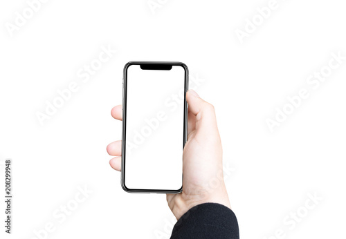 Smartphone with an isolated white display for app mockup in man right hand. White background