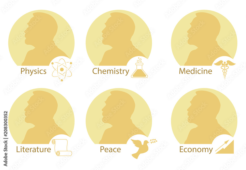 Set of stylized Nobel medals. Silhouette of Nobel in a flat style. - obrazy, fototapety, plakaty 