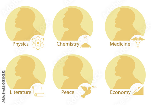 Set of stylized Nobel medals. Silhouette of Nobel in a flat style. photo