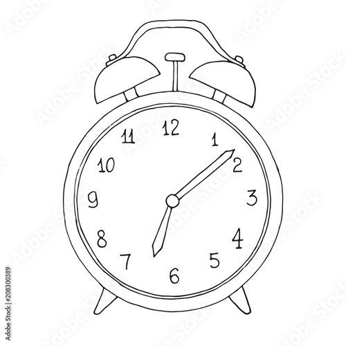 Hand drawn alarm clock isolated on white background. Vector illustration of a sketch style.