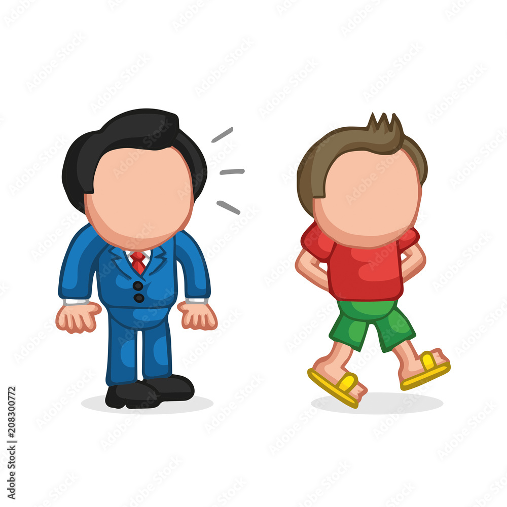 Vector hand-drawn cartoon of businessman looking and envy happy-go-lucky man walking in casual attire