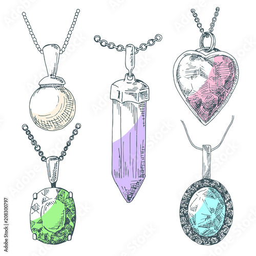 Hand drawn a set of pendants on a chain. Vector illustration of a sketch style.