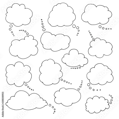 Think talk speech bubbles. Artistic collection of hand drawn doodle style comic balloon, cloud and heart. Vector illustration in sketch style.