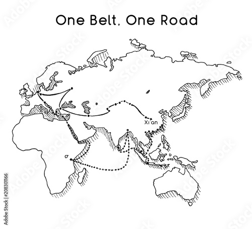  One Belt One Road new Silk Road concept. 21st-century connectivity and cooperation between Eurasian countries. Vector illustration.