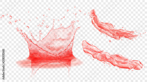 Set of translucent water crown with drops and two splashes or jets in red colors, isolated on transparent background. Transparency only in vector format