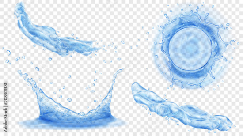 Top view and side view of translucent water crowns with drops and two splashes or jets in blue colors, isolated on transparent background. Transparency only in vector format