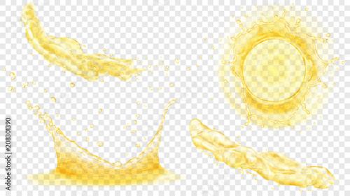 Top view and side view of translucent water crowns with drops and two splashes or jets in yellow colors, isolated on transparent background. Transparency only in vector format