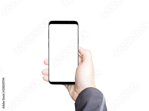 Modern black smartphone with an isolated white screen for product or app mockup in man hands. White background