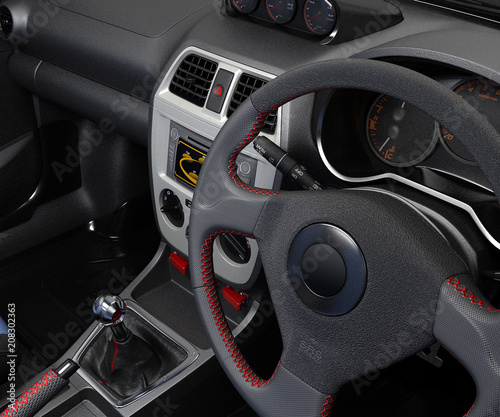 Salon of a sports car. The dashboard and its individual parts. 3D illustration.