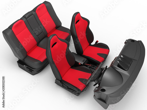 Interior of a sports car. Interior elements on a white background.
