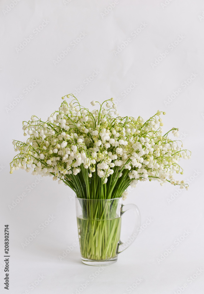 bouquet lily-of-the-valley stands on isolated background in mug with water