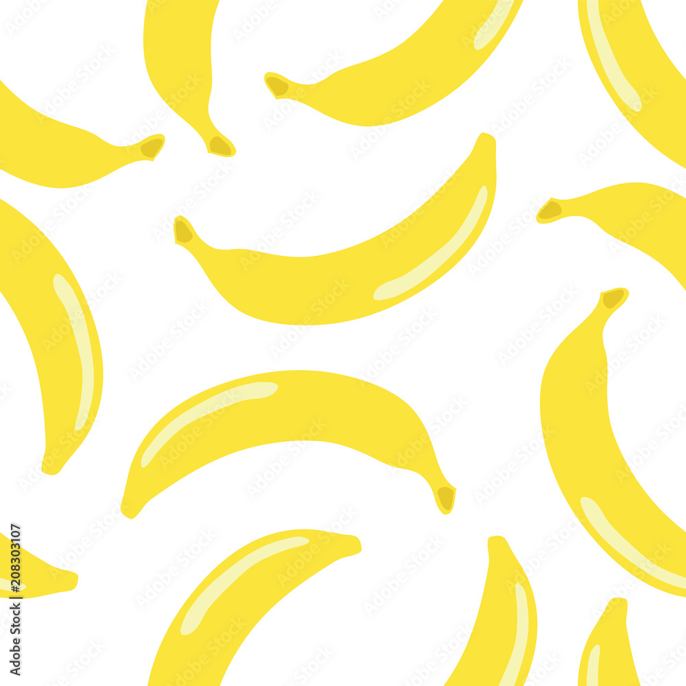 Scattered bananas seamless pattern retro style on white background. Wrapping paper, gift card, poster, banner design. Home decor, modern textile print. Vector illustration