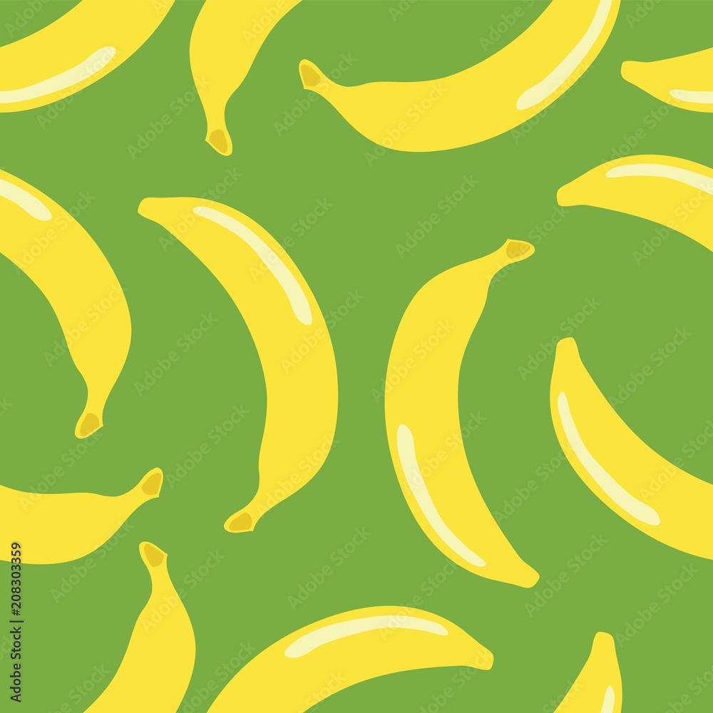 banana seamless pattern vintage style on green background. Wrapping paper, gift card, poster, banner design. Home decor, modern textile print. Vector illustration