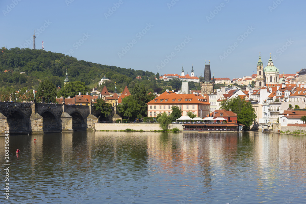 Spring Prague St. Nicholas' Cathedral with the Lesser Town above River Vltava in the sunny Day, Czech Republic