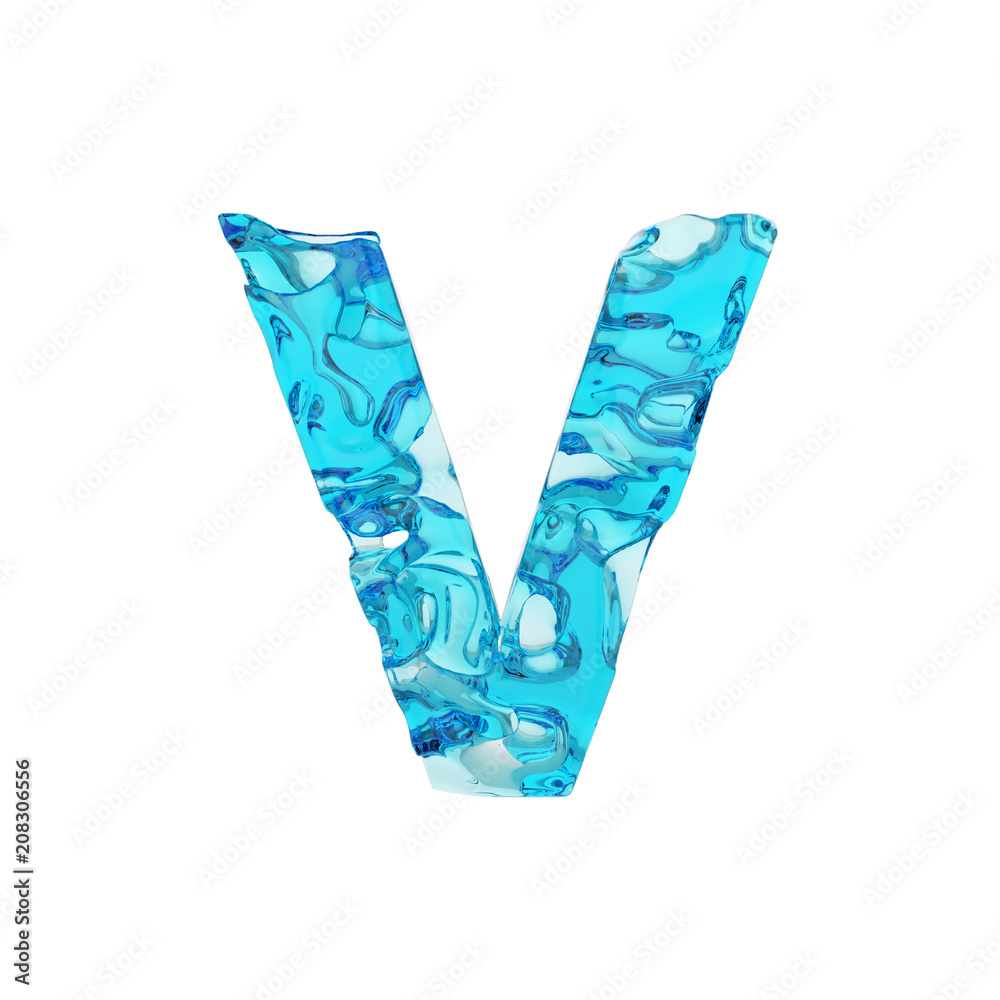 Alphabet letter V uppercase. Liquid font made of fresh blue water. 3D render isolated on white background.