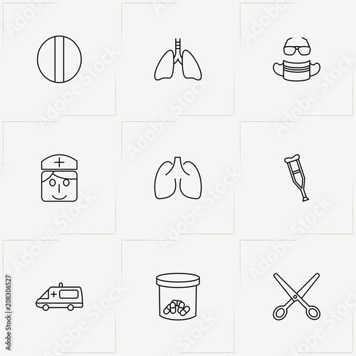 Hospital line icon set with lungs, scissor and medical mask with spectacle