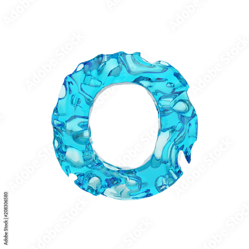 Alphabet letter O uppercase. Liquid font made of fresh blue water. 3D render isolated on white background.