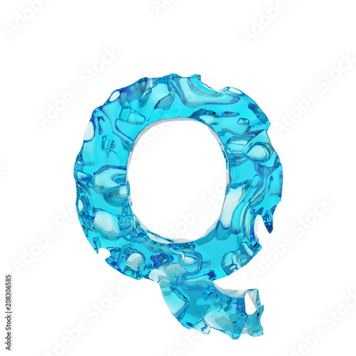 Alphabet letter Q uppercase. Liquid font made of fresh blue water. 3D render isolated on white background.