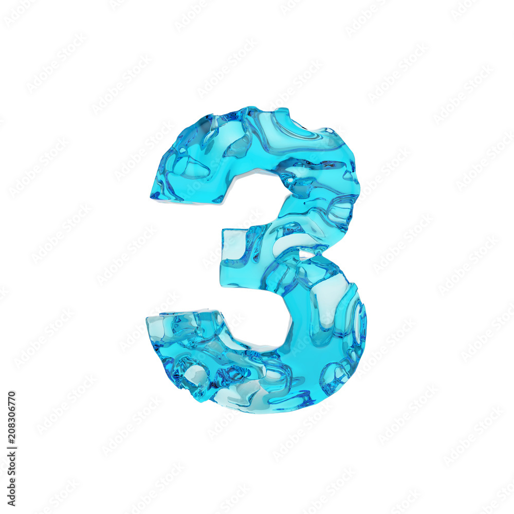 Alphabet number 3. Liquid font made of fresh blue water. 3D render isolated on white background. Alphabet number 3. Liquid font made of fresh blue water. 3D render isolated on white background.