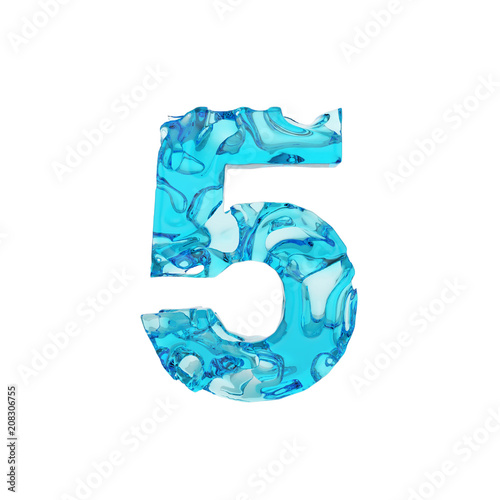 Alphabet number 5. Liquid font made of fresh blue water. 3D render isolated on white background.