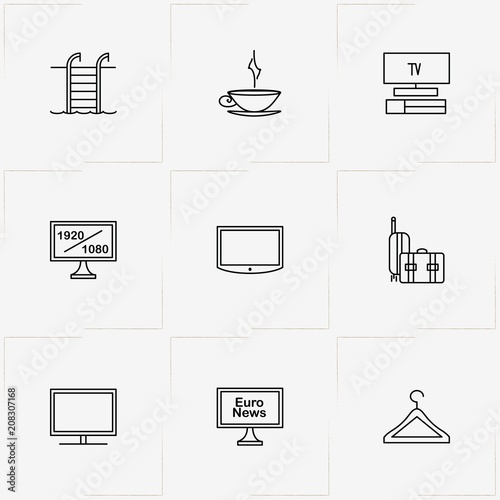 Hotel line icon set with cup of tea, hanger and television