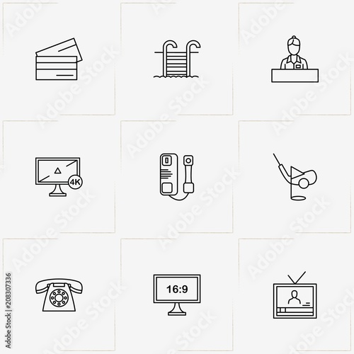 Hotel line icon set with credit card, television and reception