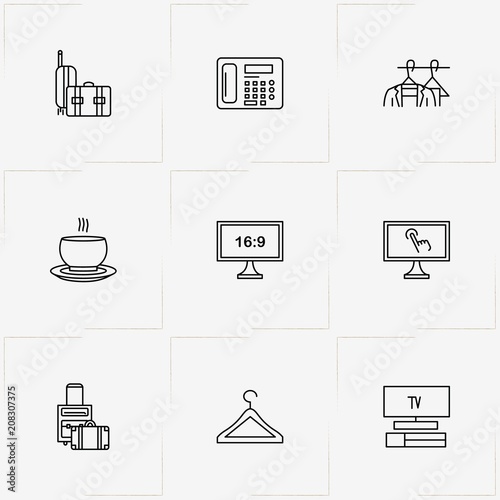 Hotel line icon set with hanger, television and telephone