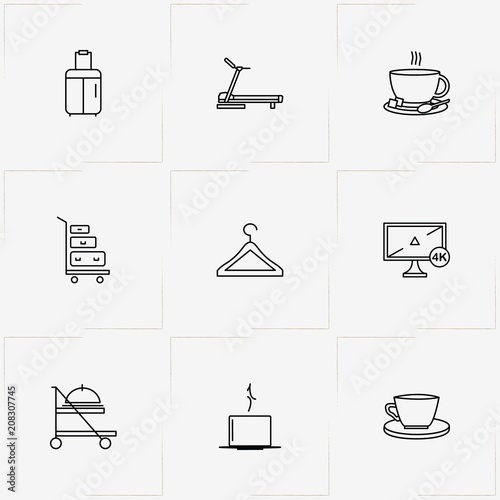 Hotel line icon set with treadmill, television and baggage