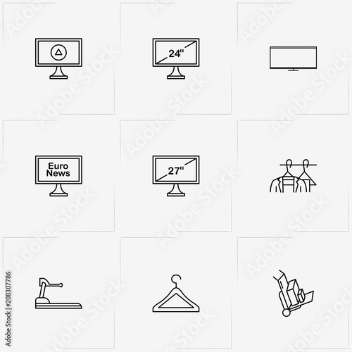 Hotel line icon set with baggage, television and treadmill