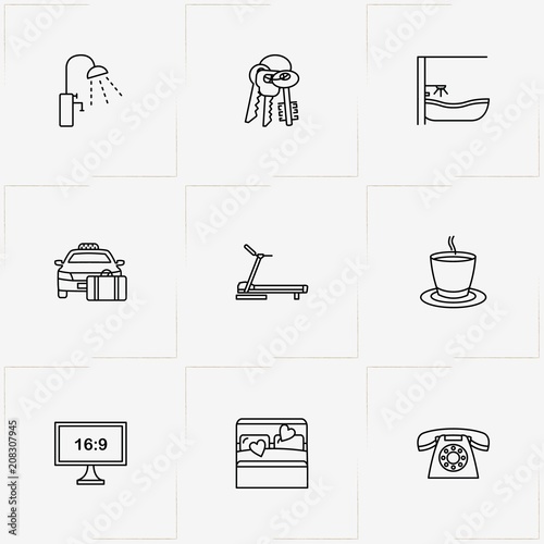Hotel line icon set with bath, television and telephone