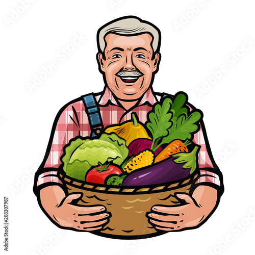 Happy farmer holding a wicker basket full of fresh vegetables. Farm, agriculture, horticulture concept. Cartoon vector illustration