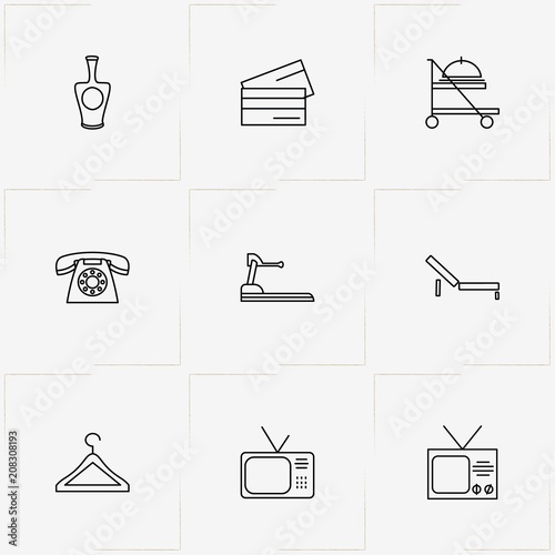 Hotel line icon set with television, food service trolley and treadmill