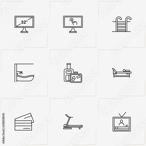 Hotel line icon set with swimming pool ladder, television and bath
